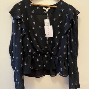 WAYF NWT black floral Ruffle Blouse XL